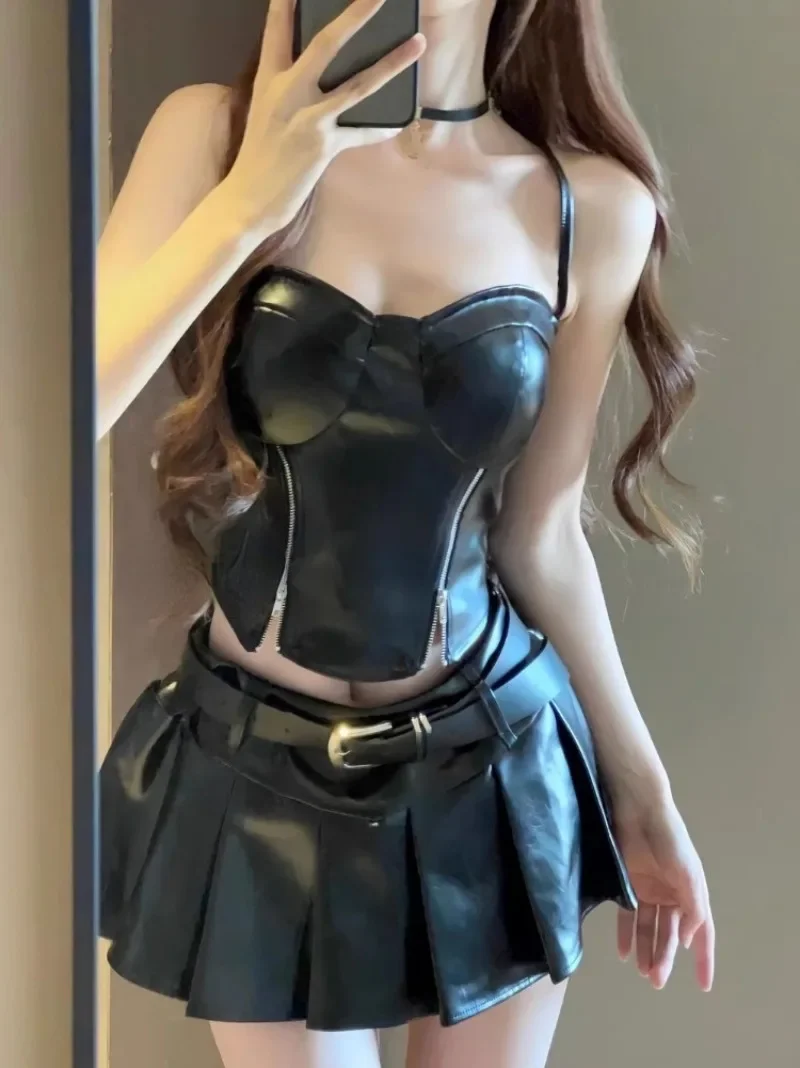 Cool Black Sexy Slim Fit Strapless Tops Women+ Y2k E-Girl High Waist Ruched A-line Skirts 2024 Autumn Leather Two Piece Sets