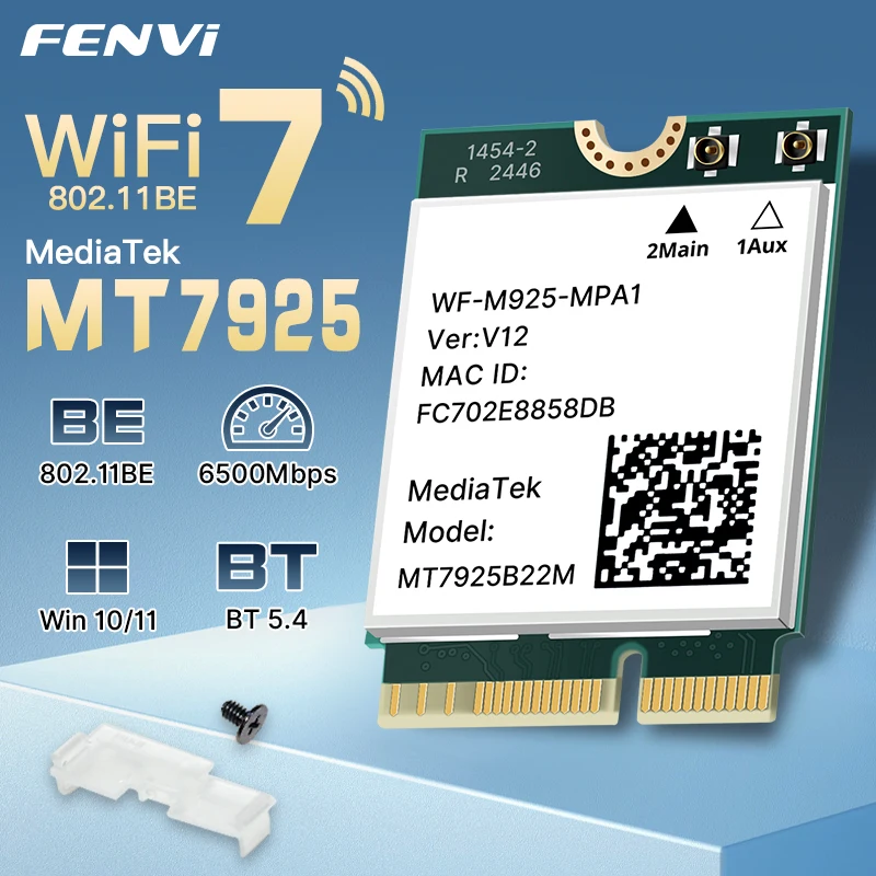 FENVI MT7925 WiFi 7 BE6500 Network Card For Bluetooth 5.4 Tri Band 2.4G 5Ghz 6GHz M.2 NGFF Wireless Adapter For AMD PC Win 10/11