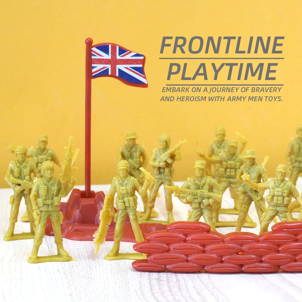 ViiKONDO Army Men zabawka figurka zielony plastikowy żołnierz 12 pozuje Tan Guy Military US Flag UK work 50 szt. Prezent dla dziecka do gier wojennych