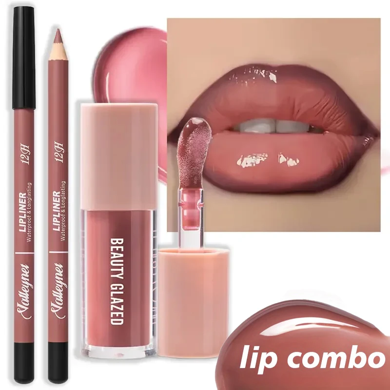مجموعة مكياج شفاه غير لامعة مقاومة للماء مكونة من قطعتين - مجموعة مبطنة شفاه وصقيل مع نسيج قلم رصاص، أحمر، بني، وردي، ألوان عارية