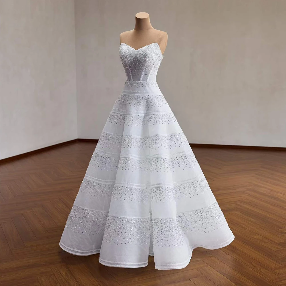 Brides Dresses 2026 Pearl Crystal Beading Sweetheart A Line Floor Length Customizable Reception Dresses For Weddings