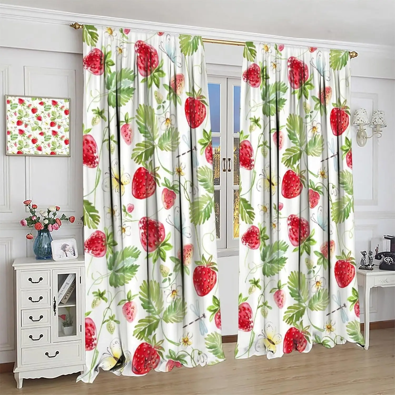 Fruit Curtains,Delicious Strawberries Tasty Juicy Ripe Summer Fruits Print for Living Room Bedroom Kitchen Window Drapes Set