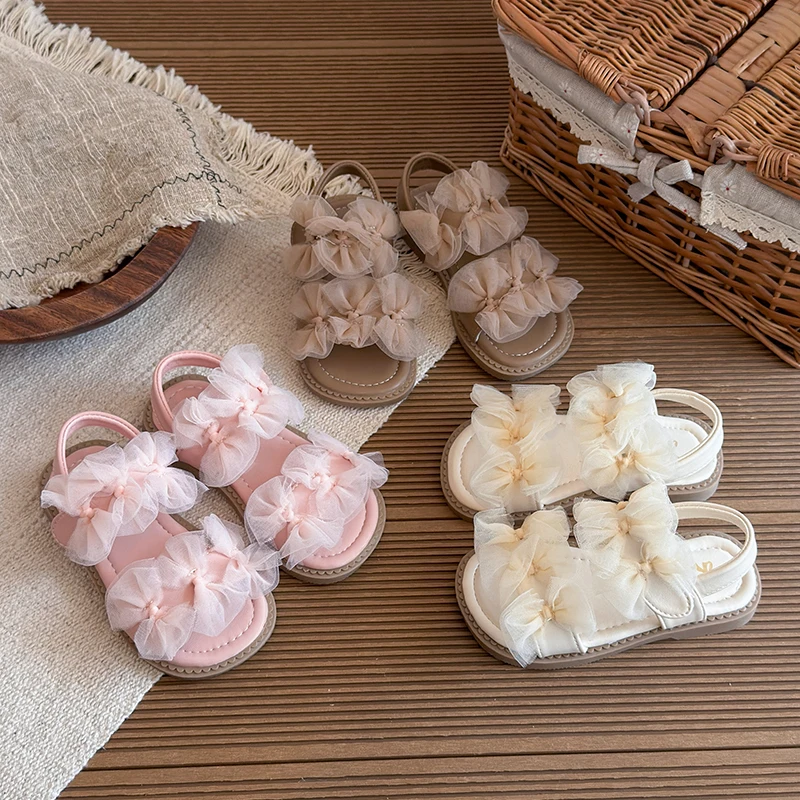 Girls' Sandals 2026 Summer New Fairy Style Princess Sandals with Mesh Bow Kids Versatile Fashion Sweet Beach Shoes for Vacation