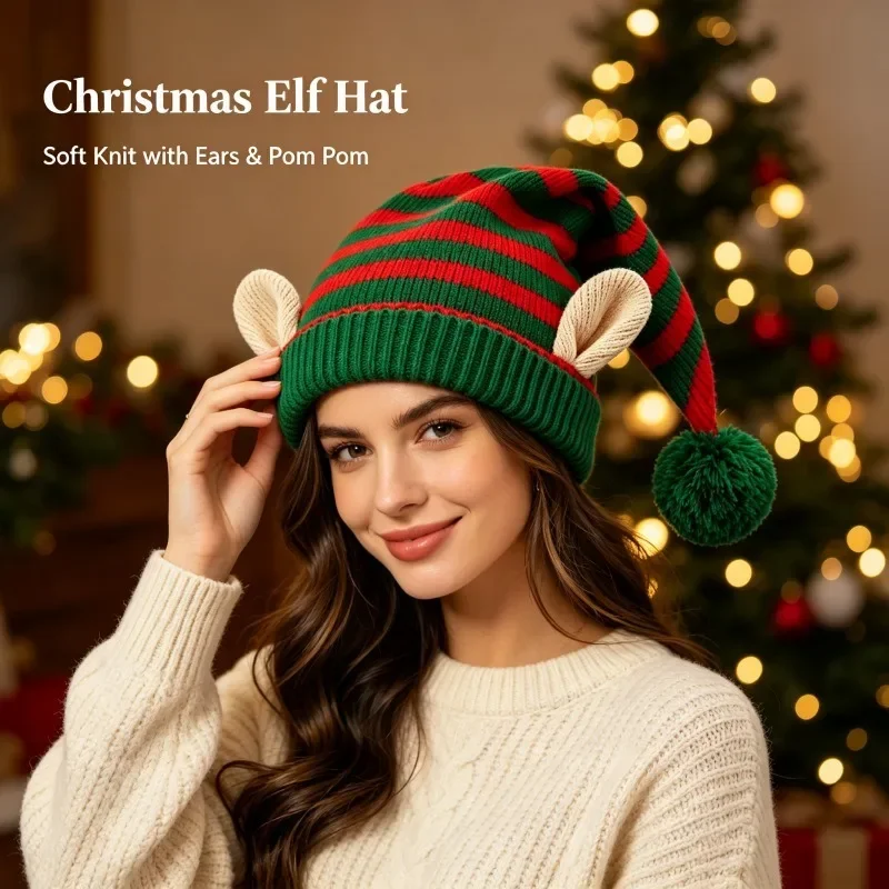 Bonnet de Lutin Rayé avec Oreilles et Pompon – Rouge, Vert ou Blanc – photo 2
