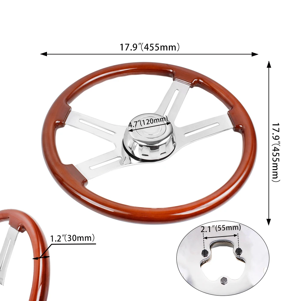 New Truck Wooden 455mm 18\'\'Classic Steering Wheel 3 Electroplated Steel Classic Wood Grain Finish For Big Car RS-STW030