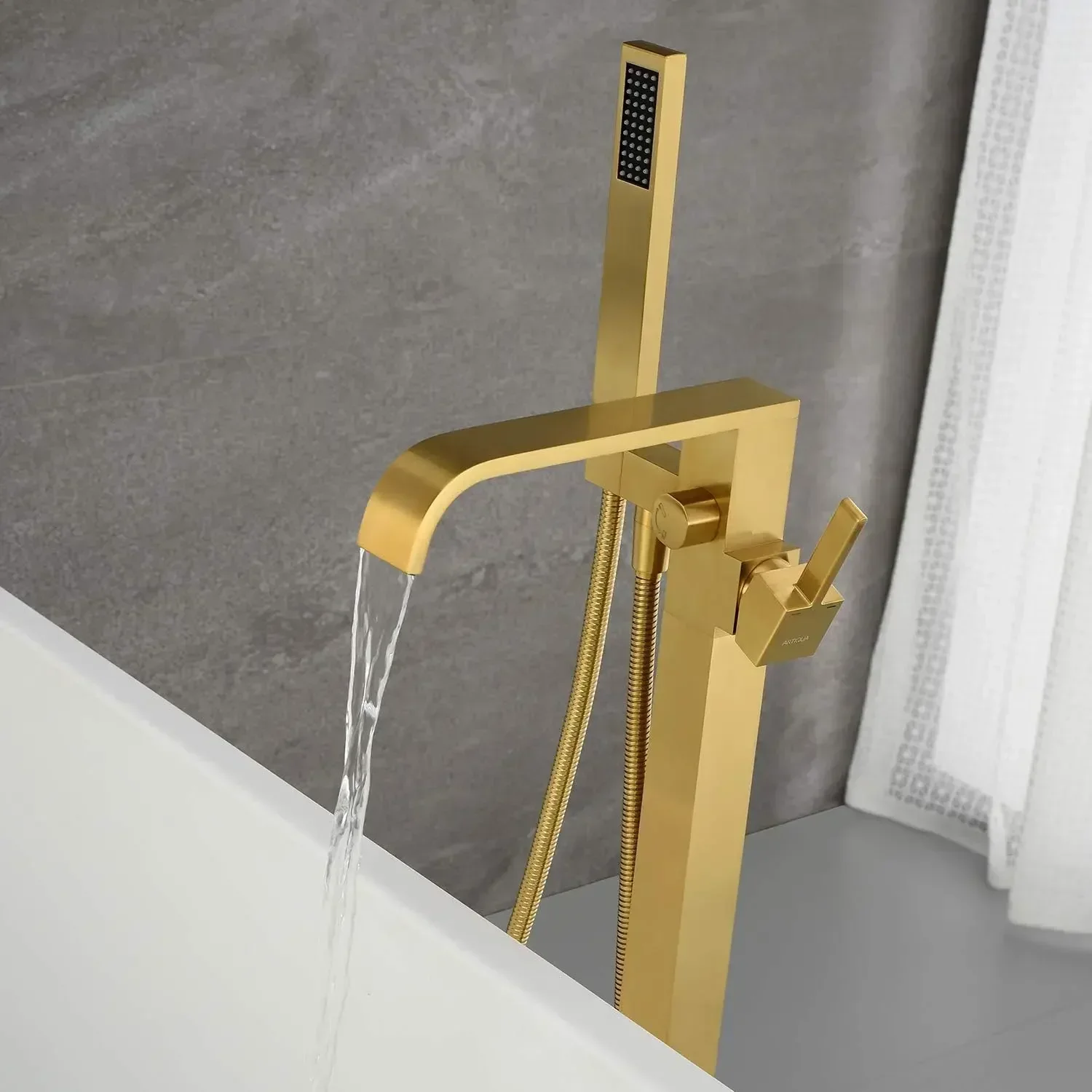 Freestanding Bathtub Faucet Tub Filler Brushed Gold Floor Mount Faucets Brass Single Handle with Hand Shower