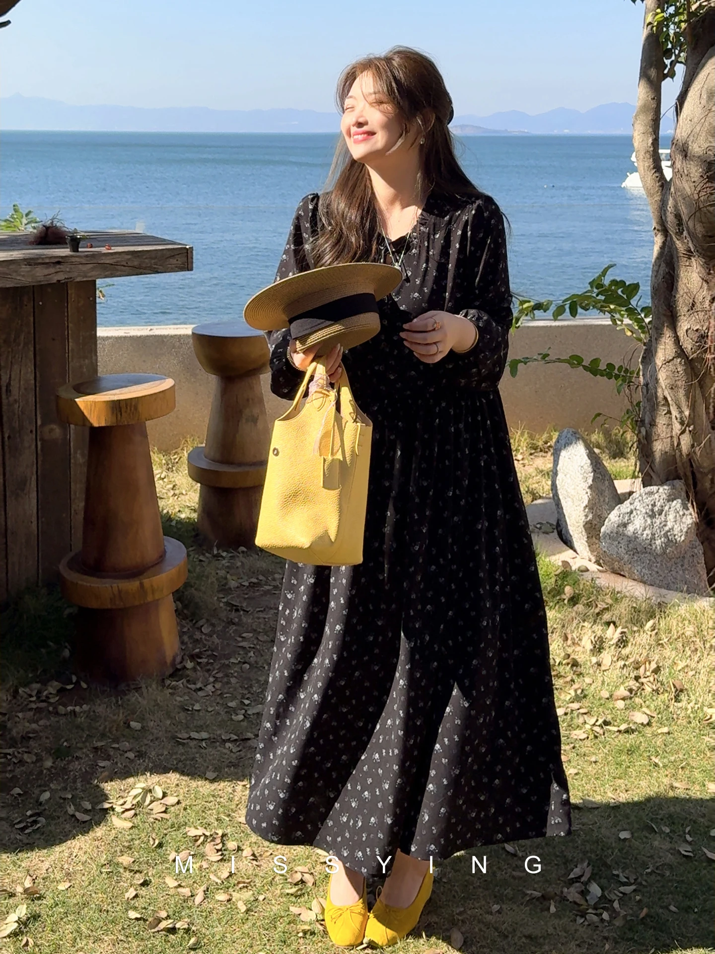 

Large Size Floral Print Long Sve Bla Dr Spring New Sle A-Line Knitted High Waist Ci Commuting Date Par Dr