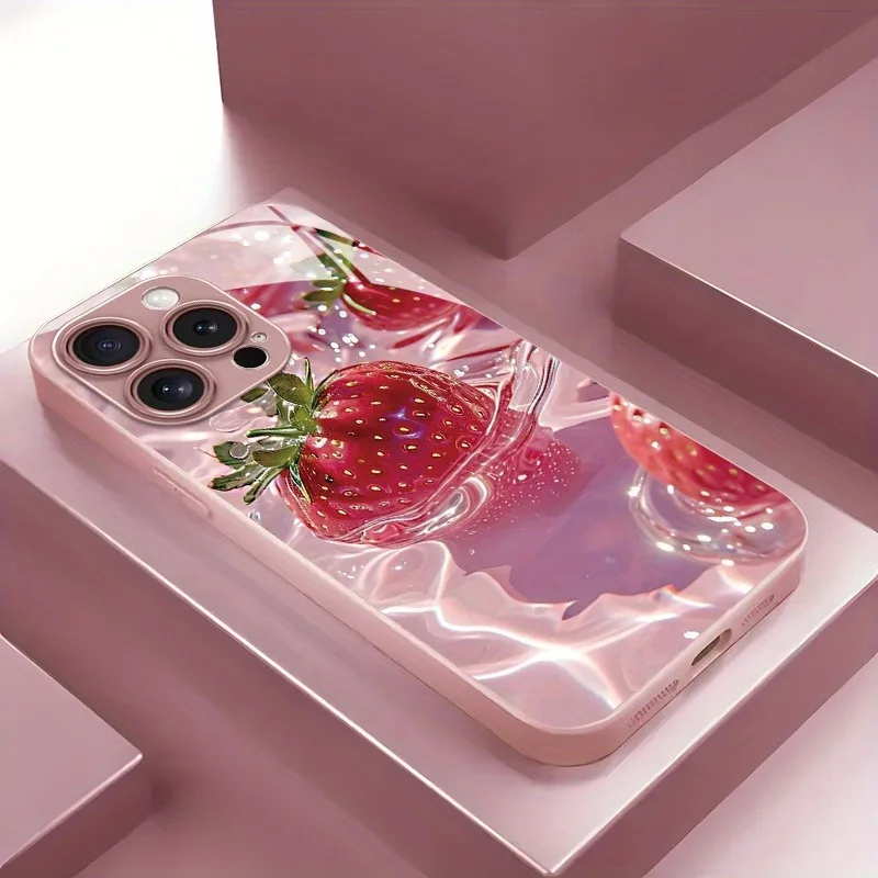 

Delicious Strawberry Pattern Pink Metallic Paint Glass Phone Case For iPhone 17 Pro Max 16 Plus 15 14 13 12 11 16E 17Air Cover
