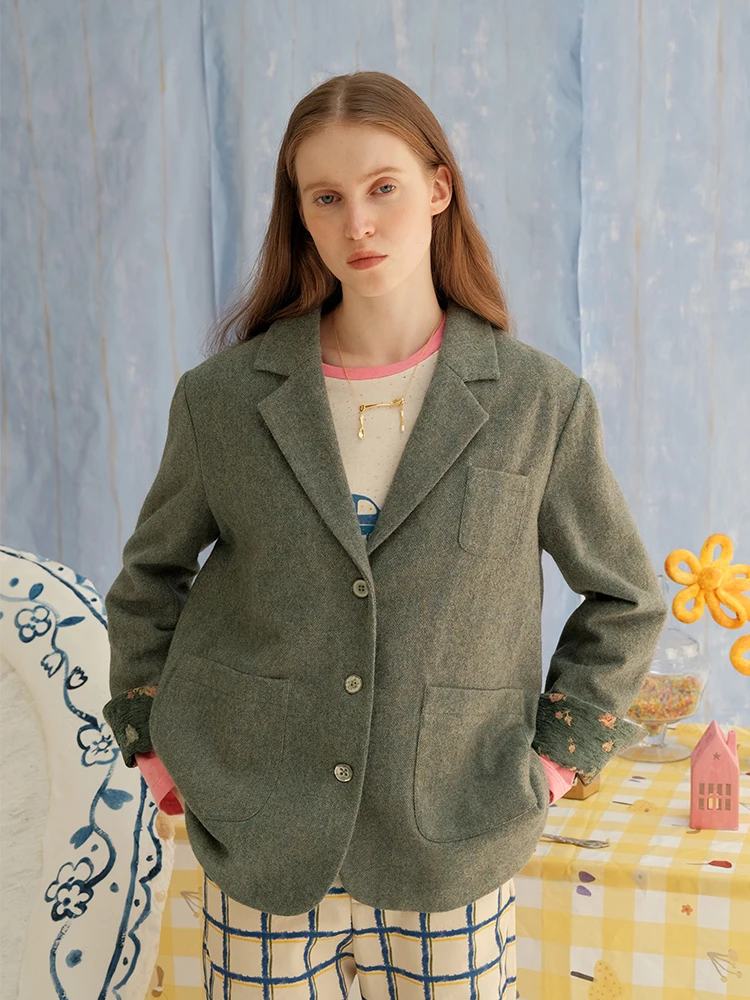 

MintCheese Retro Seaweed een Wool Alpaca Coat Loose Cuff Patchwork Suit Jaet Women's Faion Autumn Winter Outerwear