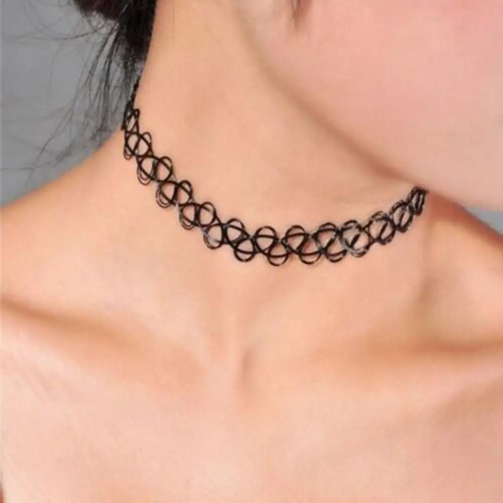 Y2K Black Choker Necklace Elastic Braided Hollow Tattoo Choker Multi Color Retro 90s Gothic Necklace Personalized Jewelry