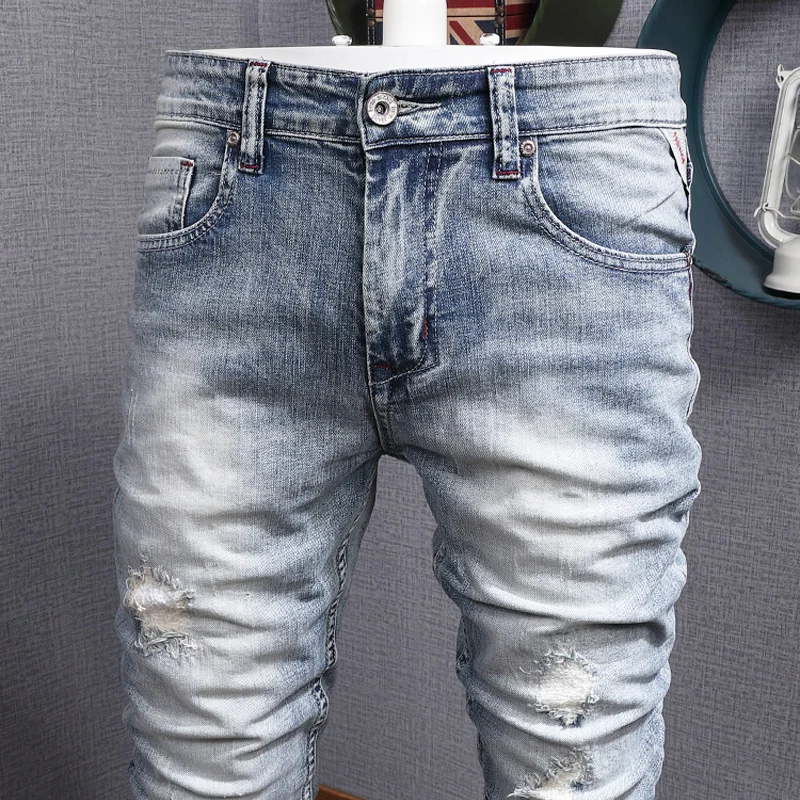 Italian Style Fashion Men Jeans Retro Light Blue Stretch Slim Fit Ripped Jeans Men Vintage Patched Designer Casual Pants Hombre