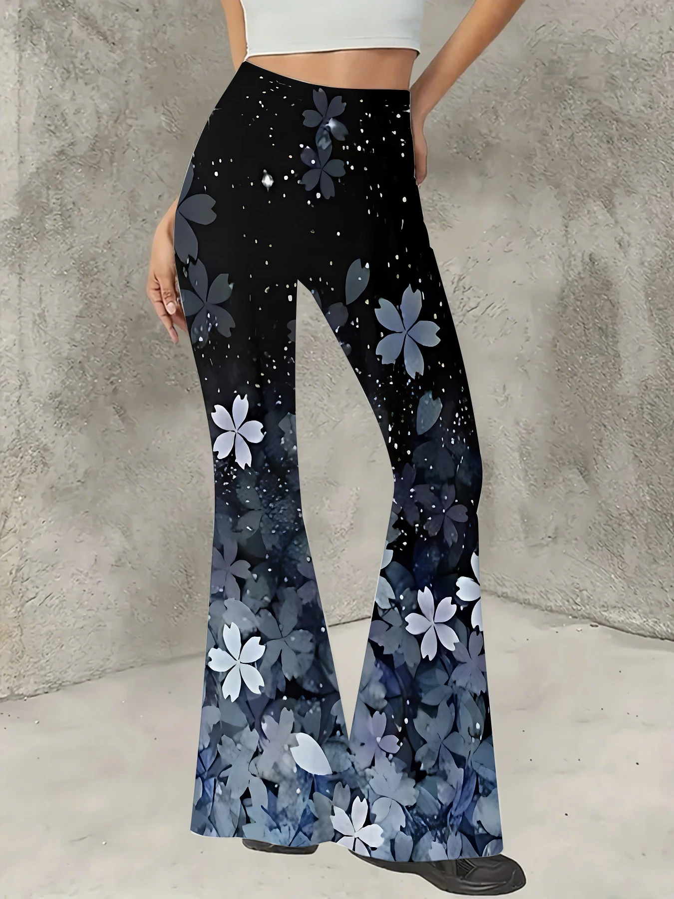 

Korean Style Printed Flare Pants Women High Waist Slim Fit Bell Bottom Leggings