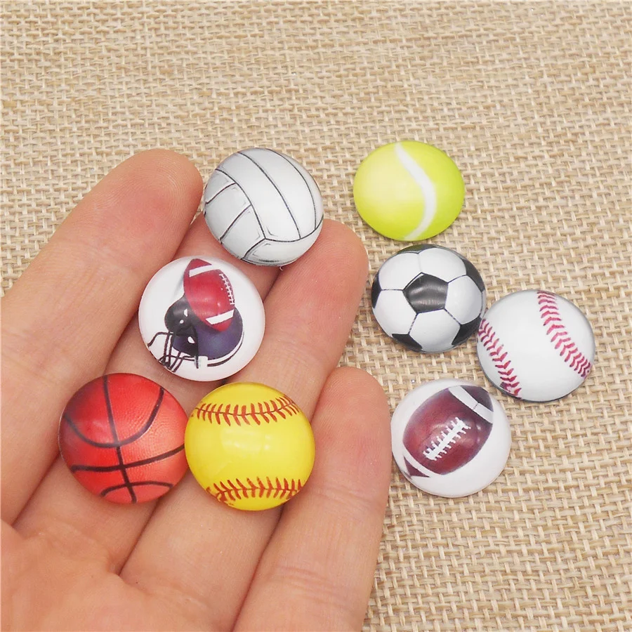 30PCS 12/18/20/25mm Flatback Glass Sports Ball Round Cabochon Mixed Basketball Soccer Tennis Volleyball Cameo Jewelry Accessory