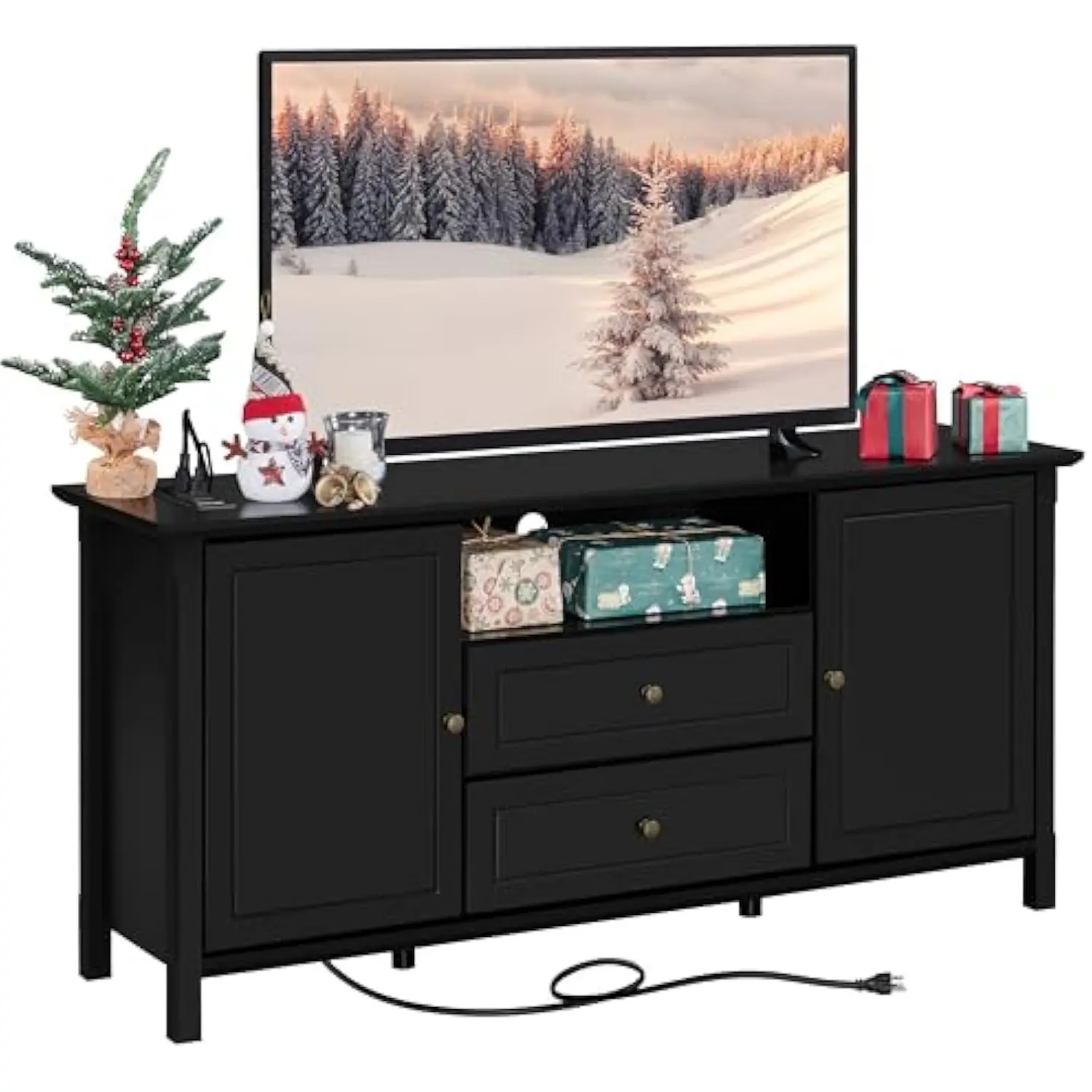 

Black TV Stand for 65 Inch TV, Media Entertainment Center with Power Outlet & Drawers, Modern Dresser Console Table for Living