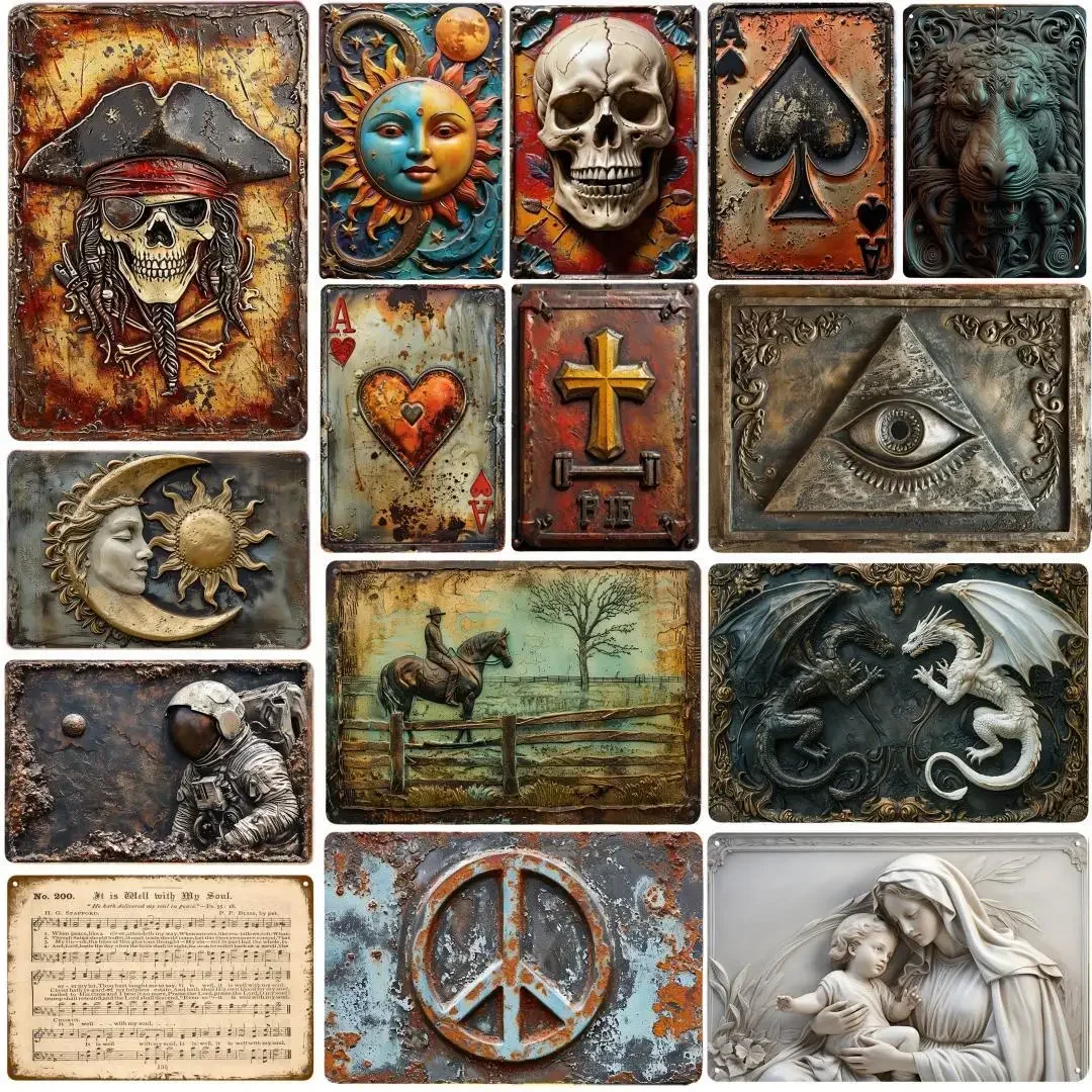 3D Relief Skull Dragon & Religious Vintage Metal Tin Signs Retro Wall Art Decor Plaques