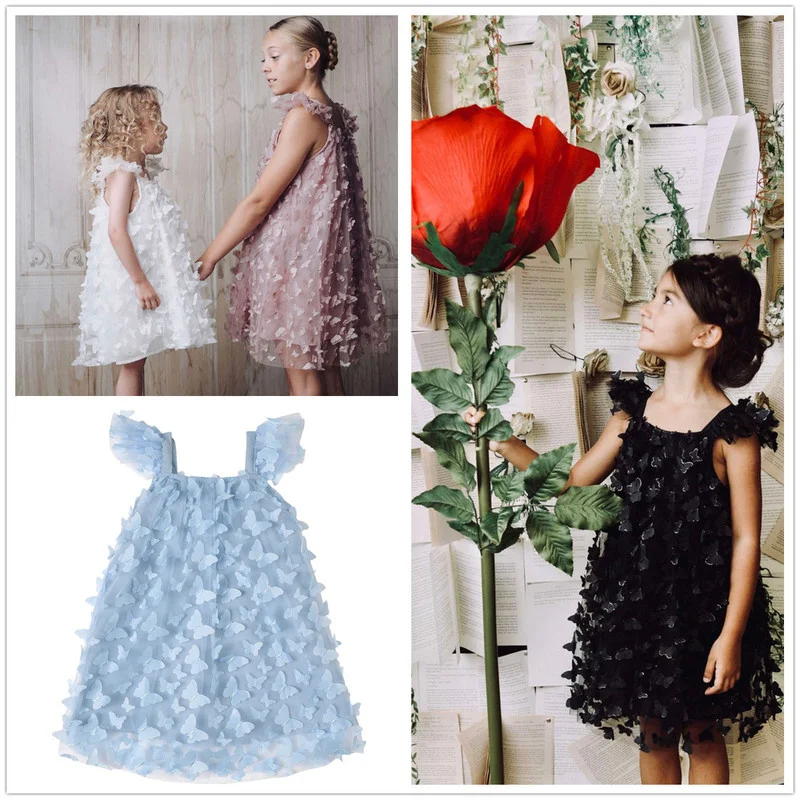 

Black White Blue Cute 3D Butterfly Embroidered Girls Mesh Dress Summer New Flying Sleeve Birthday Party Sisters Princess Dress