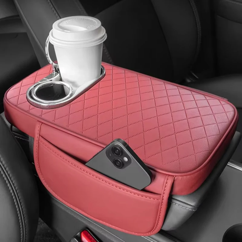 

PU Leather Car Center Console Armrest Cushion with 2 Cup Holders And Side Pocket Auto Heightened Pad Car Armrest Cover