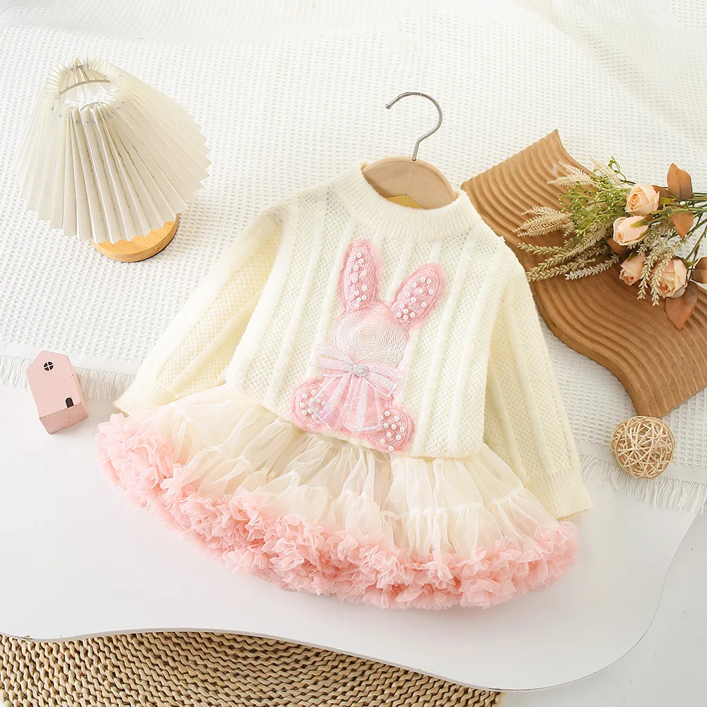 Girls Knitted Clothes Sets Spring Autumn Children Woolen Jersey Sweaters Tutu Skirts 2pcs Dress Suit For Baby Cute Outfits Kids