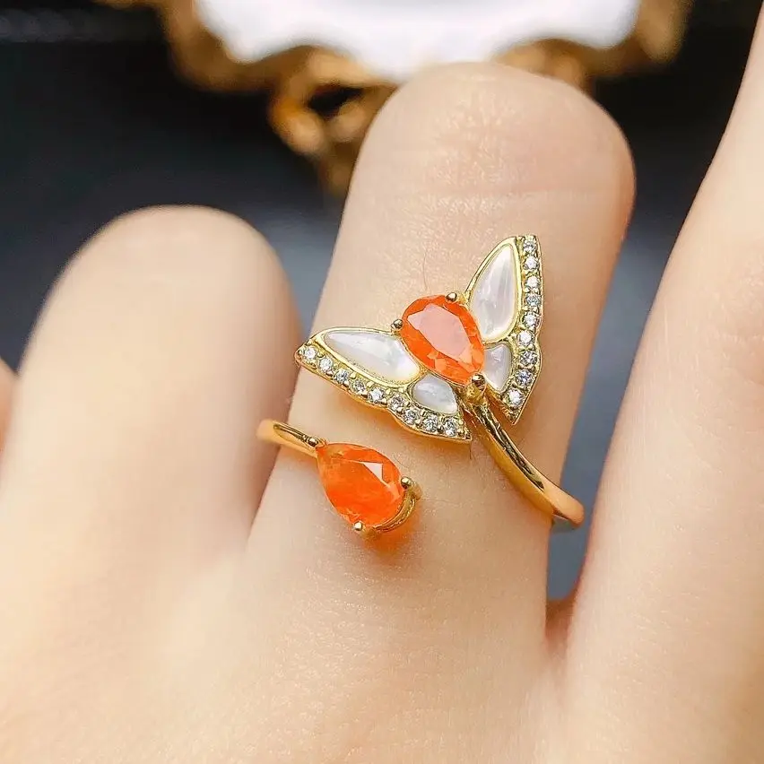 

Orange Opal Ring With White Shell 925 Silver Rings Natural Real Fire Opal Women's Ring For Engagement Birthday Party Gift