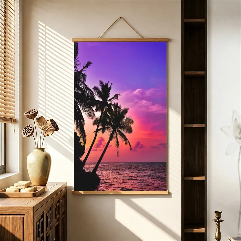 Room Decor Aesthetic California Palms beneath Neon Sunset Skies, Pearlescent Canvas Hanging Scroll for Rooftop Cafe Wall Decor