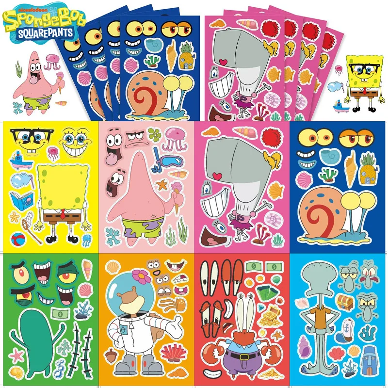 8Sheets SpongeBob Patrick Star Make A Face Puzzle Stickers Children DIY Sticker Games Kids Cartoon Jigsaw Education Toys Gift