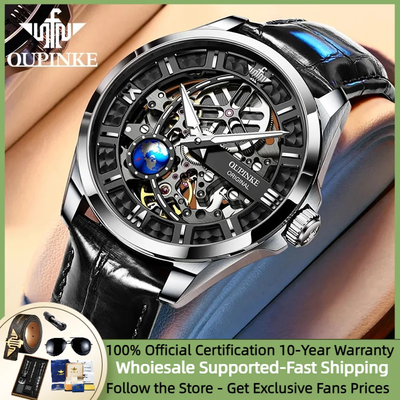 

OUPINKE Cool Luxury Automatic Mechanical Men's Watch with Sapphire Mirror Hollow out Design Waterproof and Breathable Watch