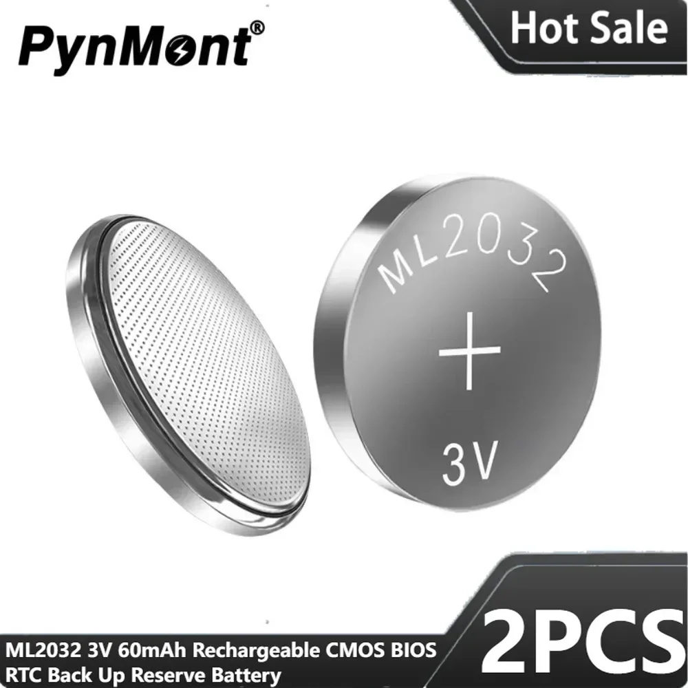 

2pcs/lot ML2032 3V 60mAh Coin Cell Button Battery 2032 Rechargeable CMOS BIOS RTC Back Up Reserve Battery Replaces CR2032