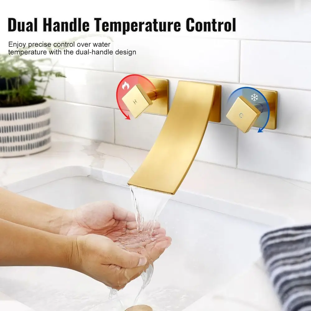 Modern Dual Handle Wall Mount Sink Faucet for Vanity, Lavatory, and Restroom in Brushed Gold Finish with 3 Holes