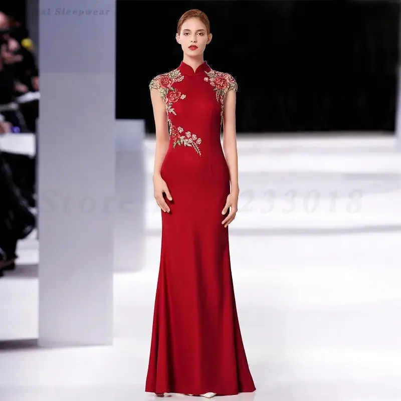 

Burgundy Retro Fish Tail Dress Wedding Bride Toast Clothes Cheongsam Lady Elegant Banquet Evening Party Gown Plus Size 3XL Qipao