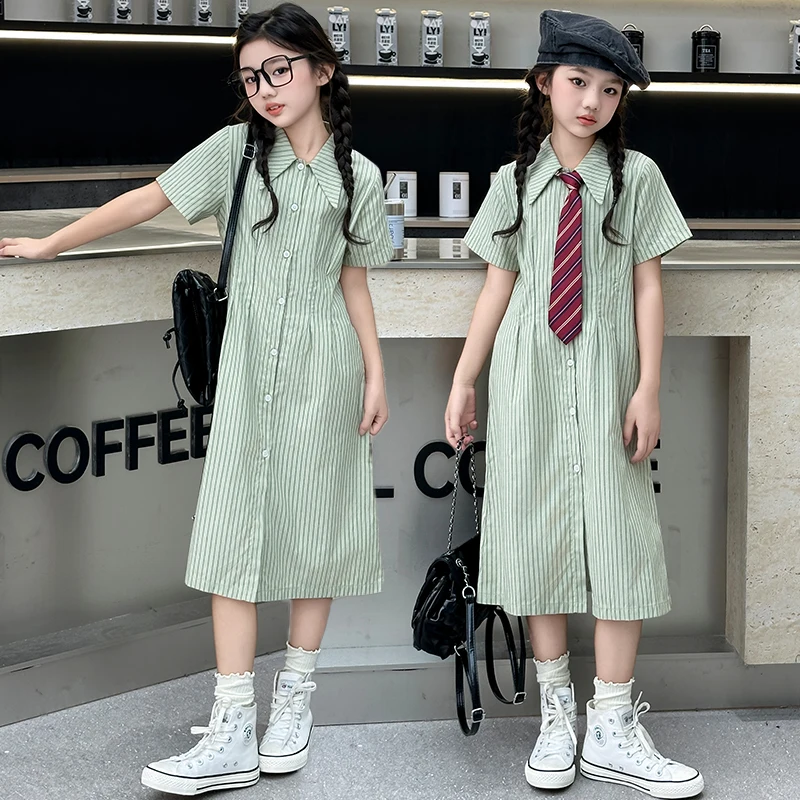 

Summer junior girls shirt striped long dress 8 10 12 14 100% cotton teenage kid Academy style princess dresses+tie child outfits