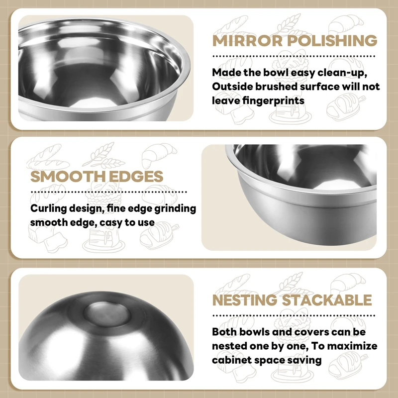 Mixing Bowl With Lid Set Of 5, Stainless Steel Nesting Salad Bowl Set For Prepping, Mixing And Serving