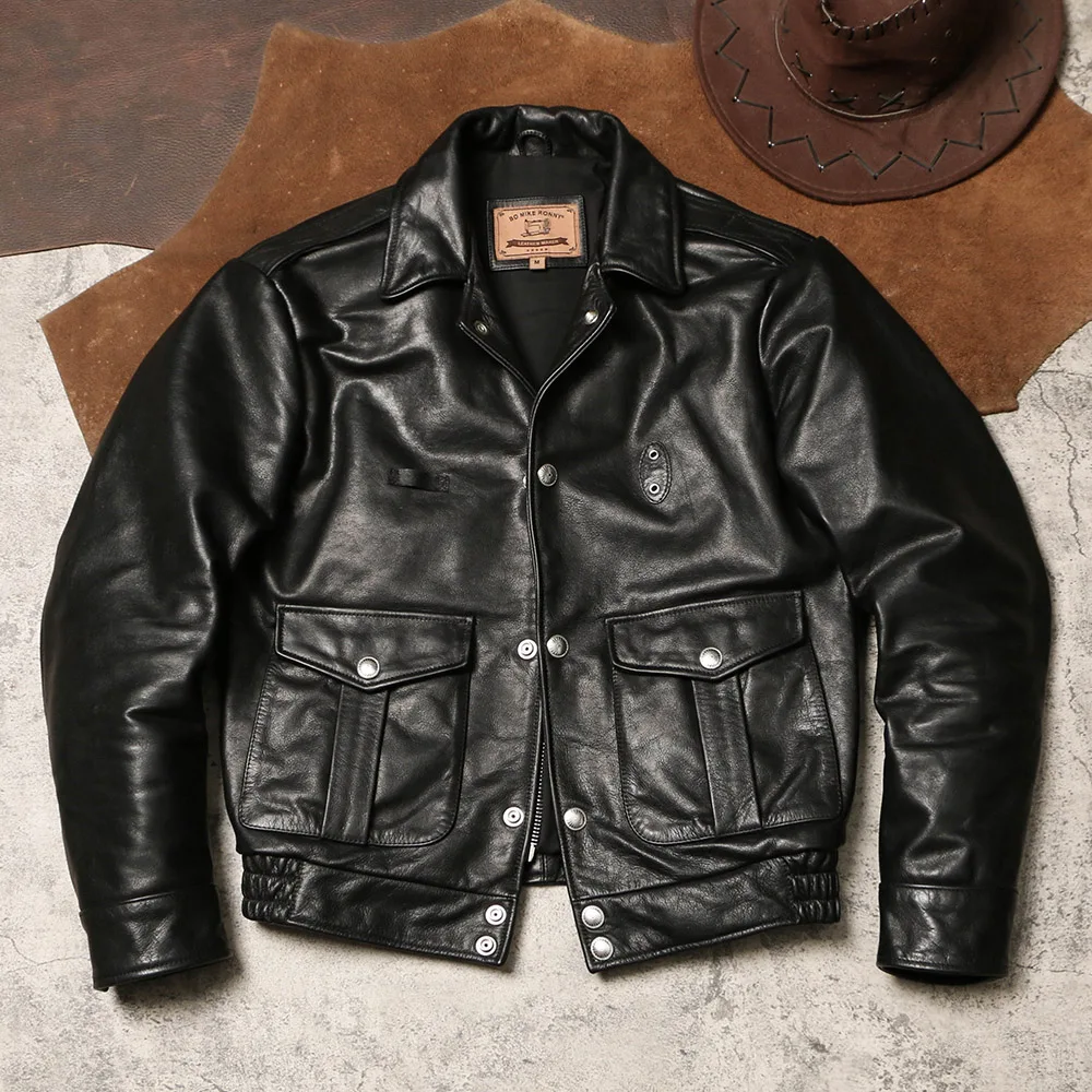 Black Autumn Leather Jacket Men American Retro Style Plus Size 5XL Genuine Natural Cowhide Single Breasted Leather Coat