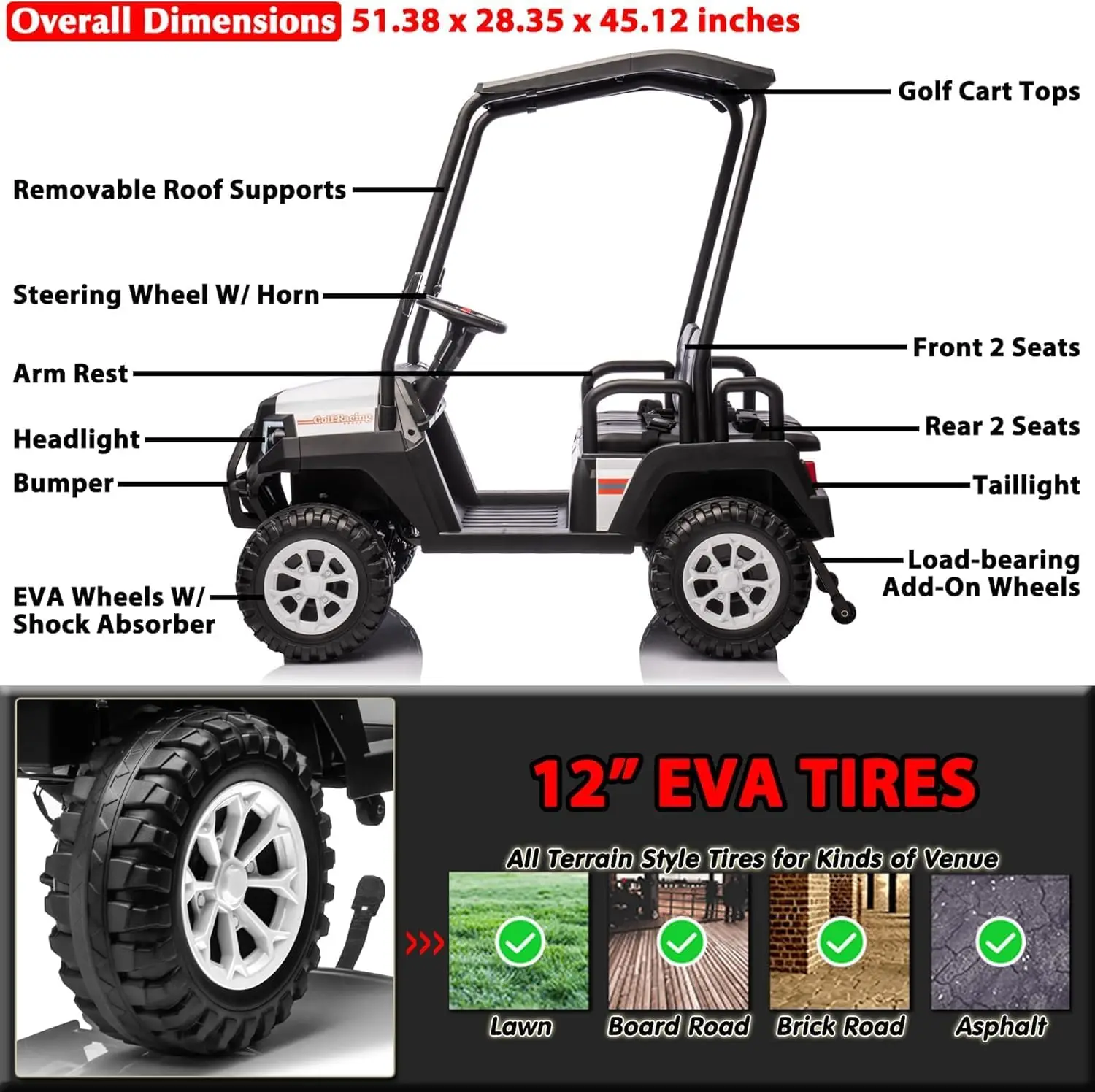 24V Ride On Car with Remote Control 4 Seater Golf Cart 4x4 Electric Ride On Toys for Big Kids Boys Girls, Plastic Roof, EVA Tire