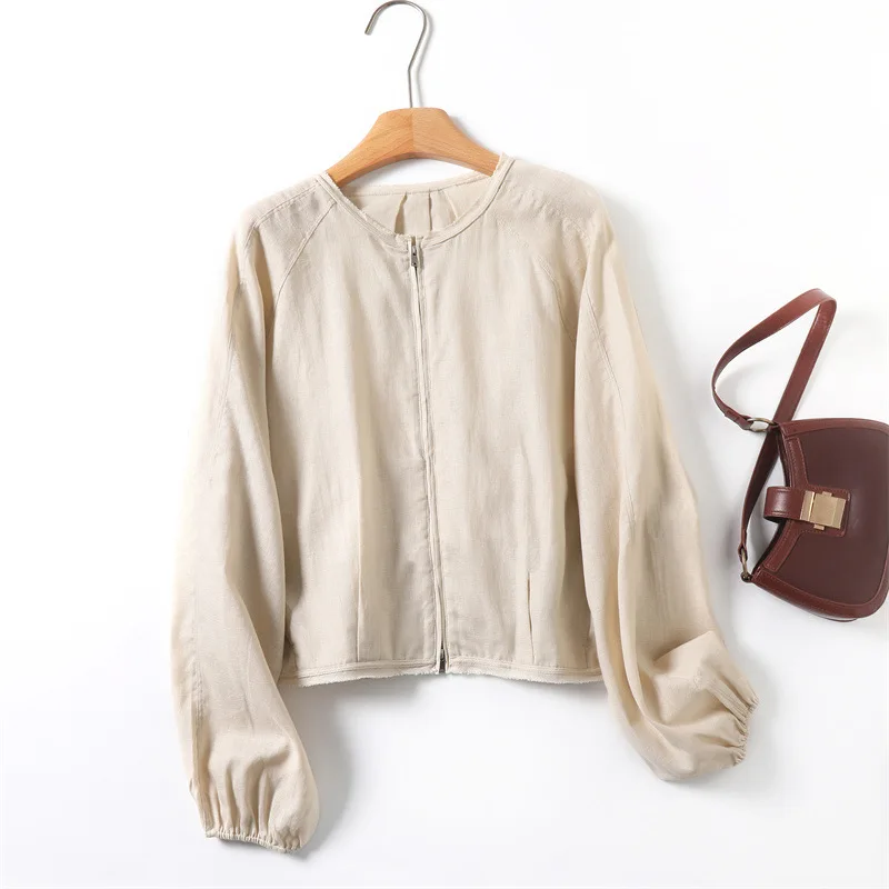 

New 2025 Spring and Autumn Solid Color Casual Style Linen Bomber Short Coat