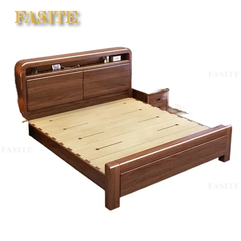 For Walnut Color New Chinese Style Hard Solid Wood Bed Modern Simple Master Bedroom Double Bed Household High Box Storage