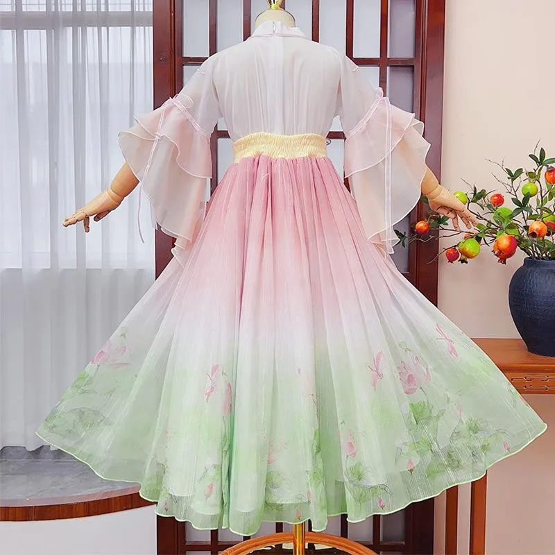 Chinese Kids Spring Summer New Hanfu Dress Lovely Girls Embroidery Dresses Traditional Folk Style Dance Perform Costumes Cosplay