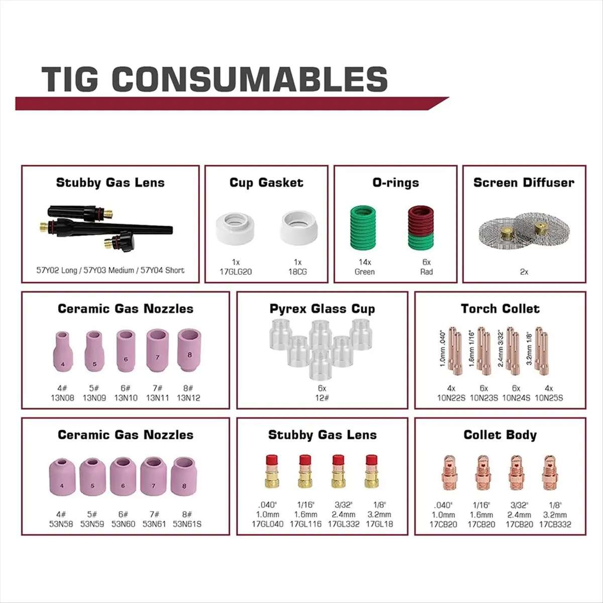 BHBL 71pcs TIG Welding Torch Accessories Kit Alumina Nozzle Collets Body Stubby Lens 12 Glass Cup Consumables Kit