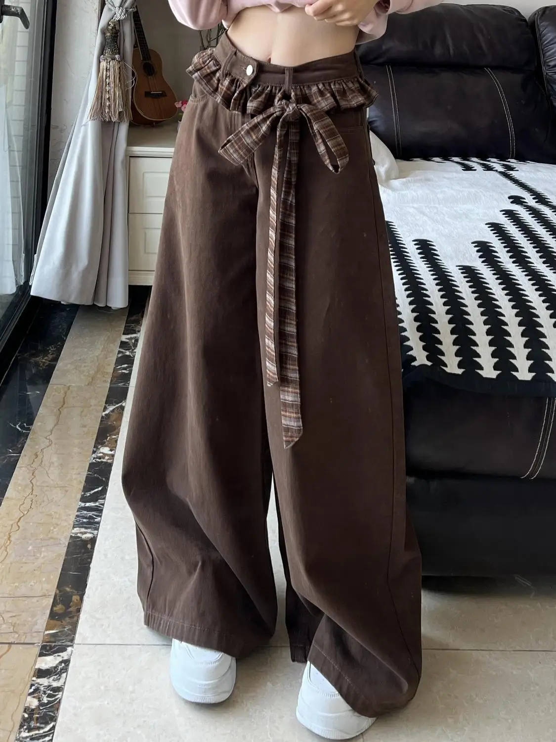 Patchwork Bow Straight Leg Jeans Women Spring High Waist Loose Wide Leg Floor Length Pants