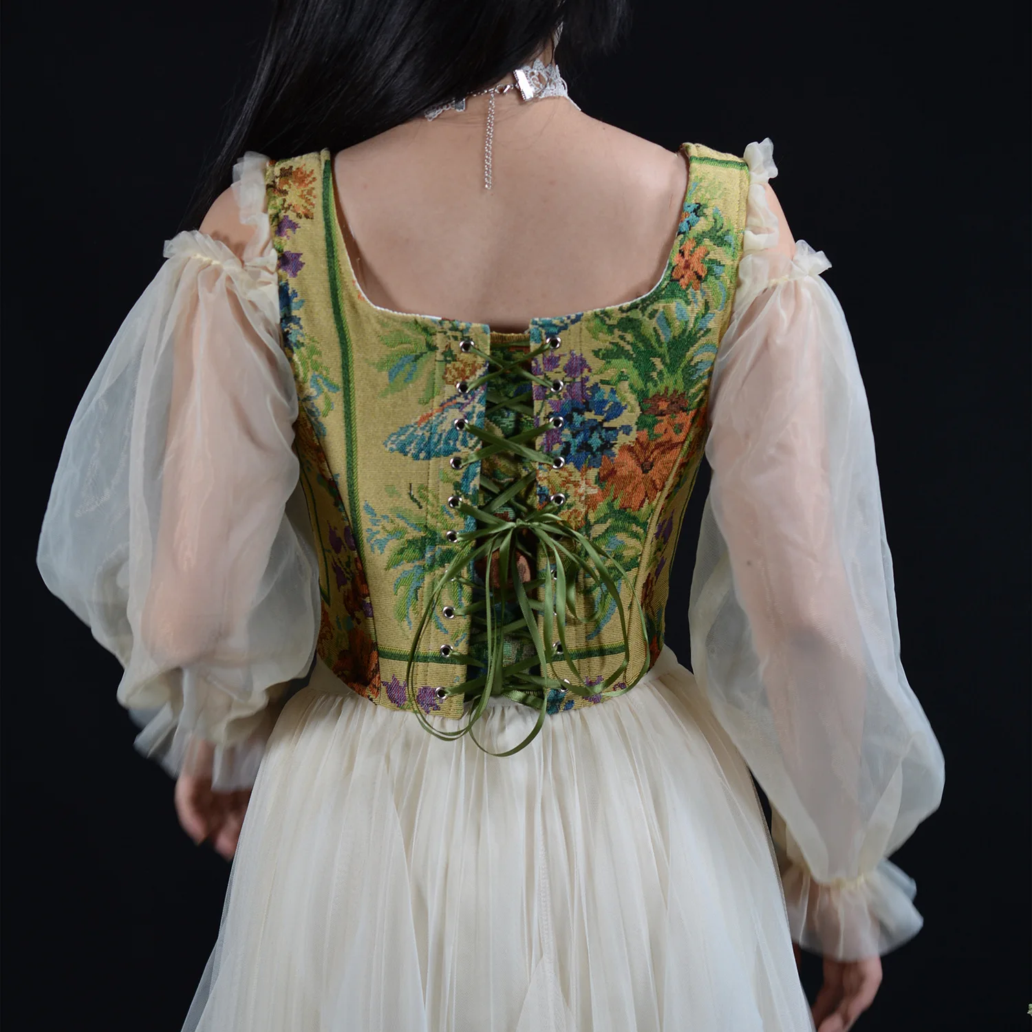 Women Luxury Green White Corset Vintage Printed Bodice Long Sleeve Party Wedding Bustiers Lace Up Shaping Tops Stage Costume