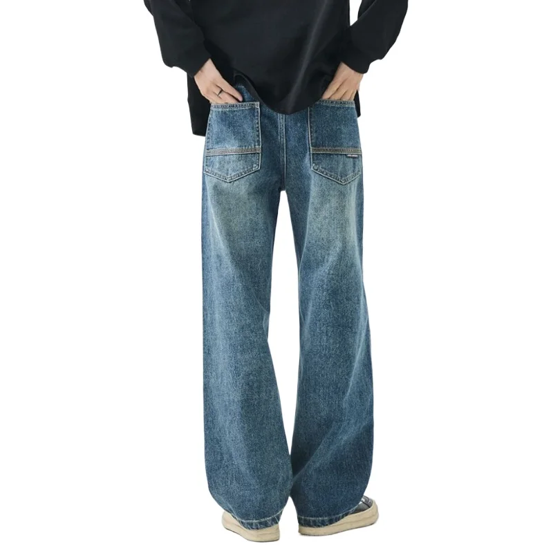 Men's American Vintage Loose Wide-leg Straight Jeans Casual Trousers Street Hip-hop Baggy Jeans Solid Streetwear Autumn Winter