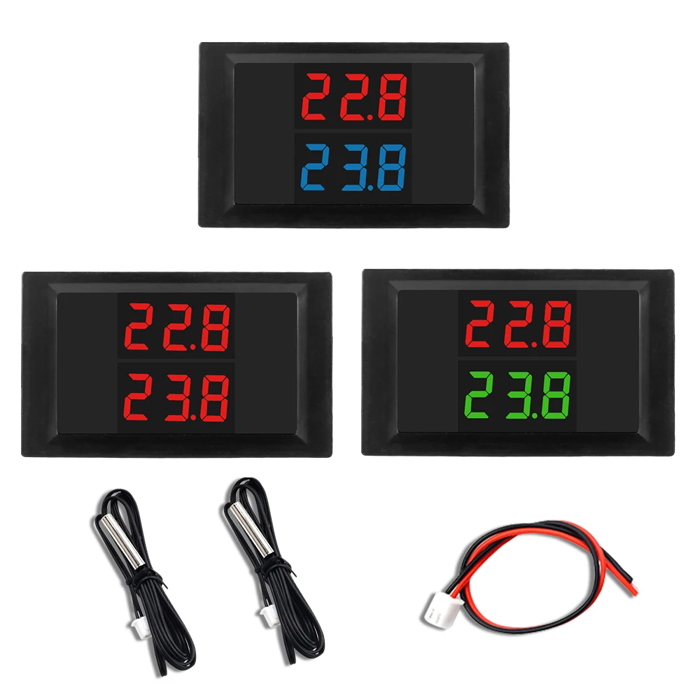 DC 12V 24V LED Dual Display Digital Thermometer Temperature Sensor Tester Dual NTC Waterproof Metal Probe 4V-28V For Car