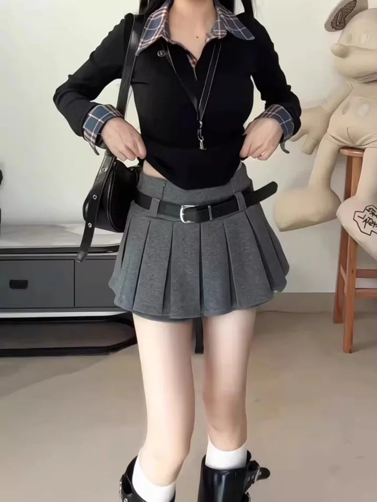 Women's High Waist Pleated Mini Skirt, Black A-Line Anti-Exposure Short Skirt for Petite, Comes with Belt