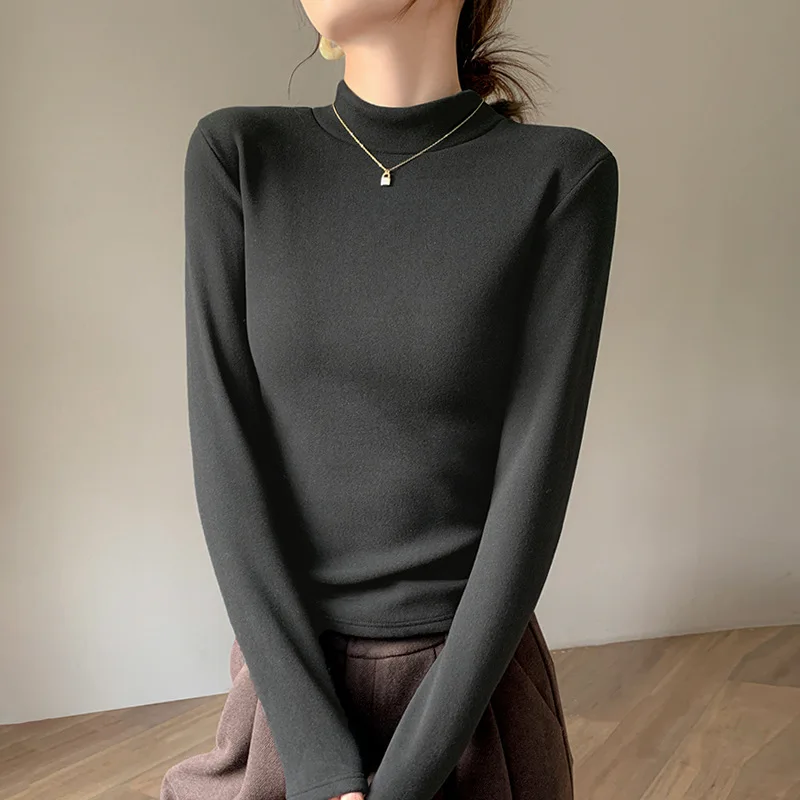 

Women's Plush Lined Thermal Cashmere Blend Mock Neck Base Layer Top Autumn Mulberry Silk Lined Solid Color Long Sleeve Tshirts