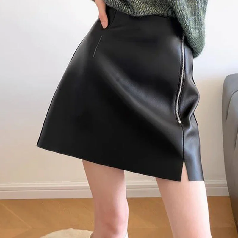 2024 Autumn/Winter  Leather  Half Body Skirt Women's Fashion Irregular Black PU Leather  High Waist A-line Hip Wrapping Skirt