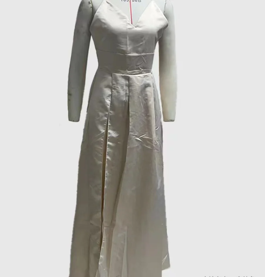 SKMY 2025 New Spring Women Clothing Party Dresses Slimming Solid Color Spaghetti Strap V-Neck Evening Banquet Satin Dress