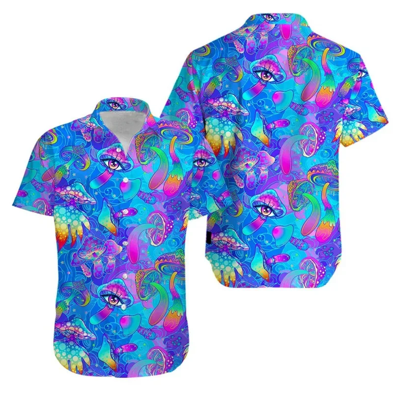 Magic Mushroom Pattern Aloha Men's Hippie 3D Printed Psychedelic Short Sleeved Loose Collared Hawaiian Shirt Summer Shirt