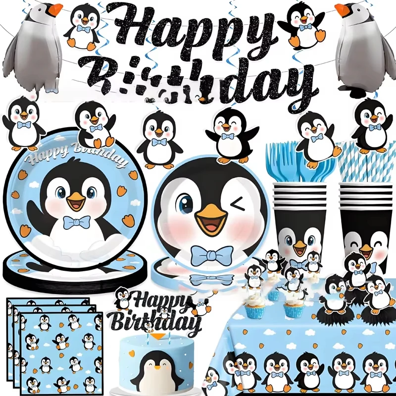 Cartoon Pinguin Ballon Geburtstagsparty Dekoration Pinguin Schneeflocken Thema Banner Pappteller Becher Servietten Partyzubehör