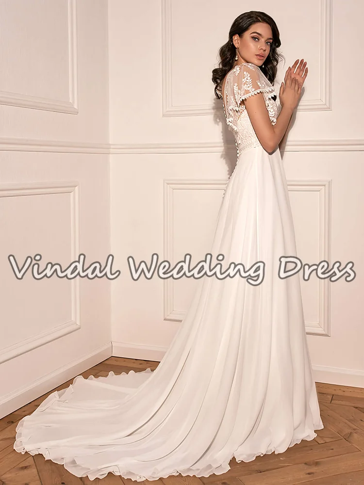 Vindal Boho col en v robes De mariée en mousseline De soie volants manches courtes dentelle a-ligne robe De mariée élégante Vestido De Novia personnalisé
