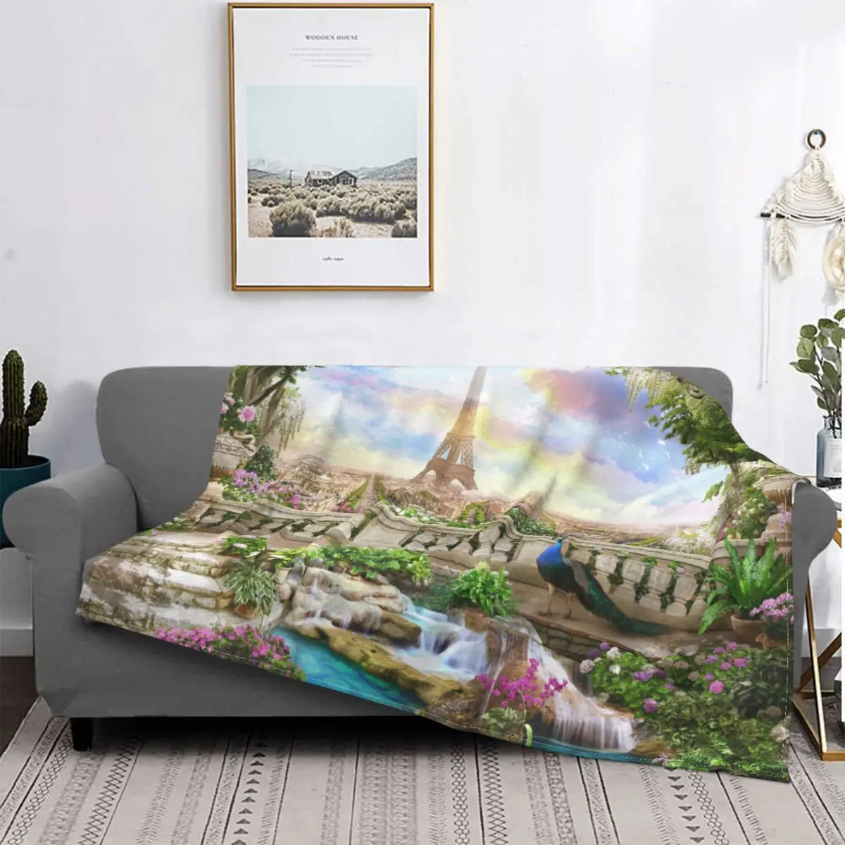 

Rural Pastoral Landscape Scenery Knitted Blanket Eiffel Tower Flannel Throw Blanket Bedding Couch Ultra-Soft Warm Bedspread