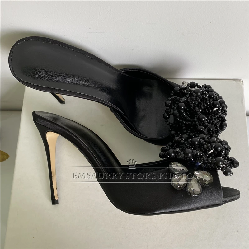 Beads Flower Embellished Modern Sandals Women 10cm Stiletto Heel Slingbacks Luxury Satin Summer Mules